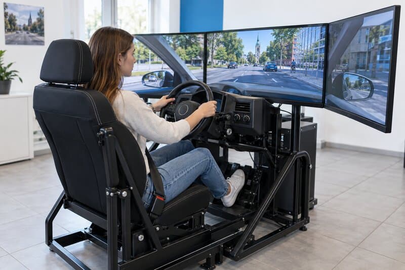Fahrschülerin in einem PKW Fahrsimulator